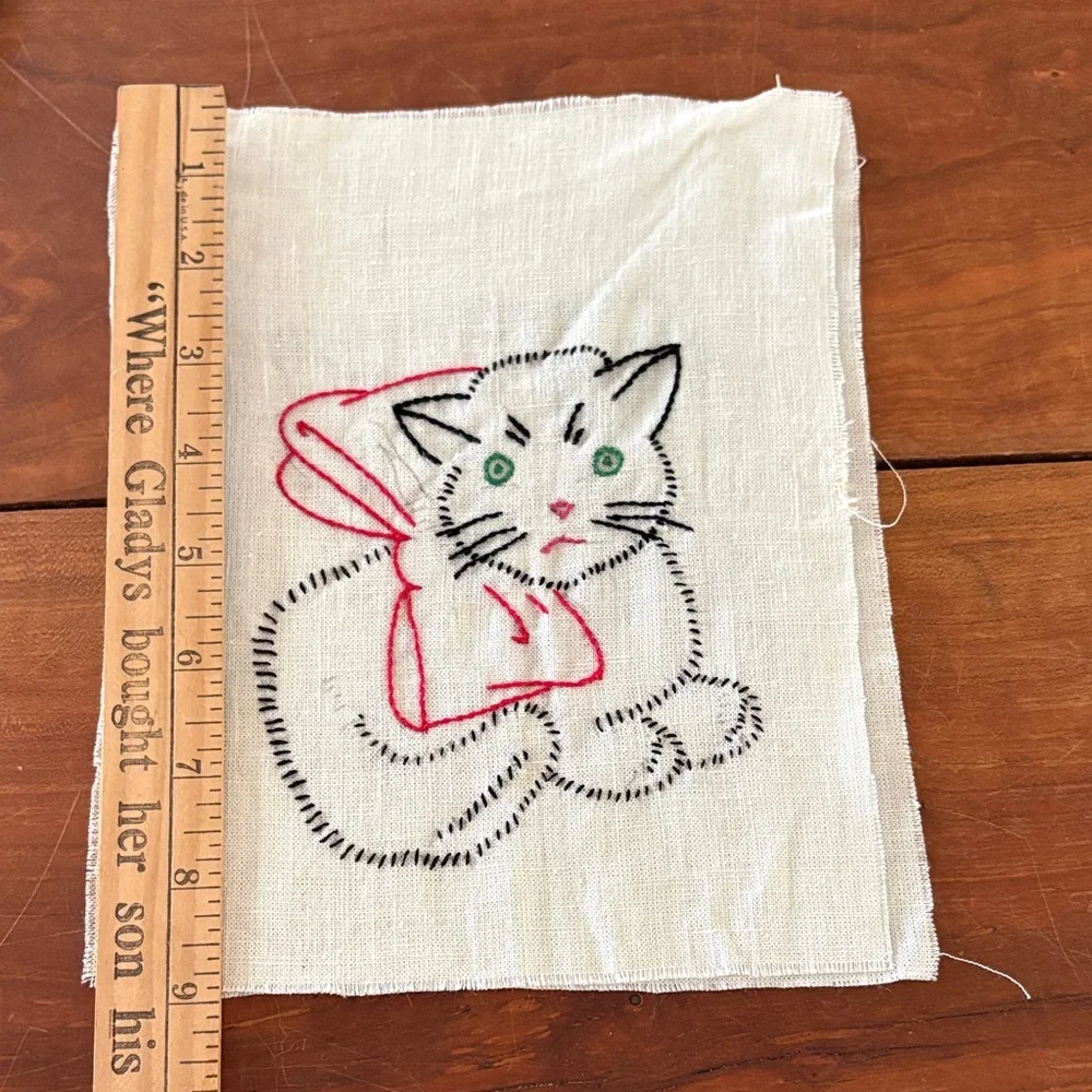 Hand Embroidered Cat Linen Squares - Blue and Pink